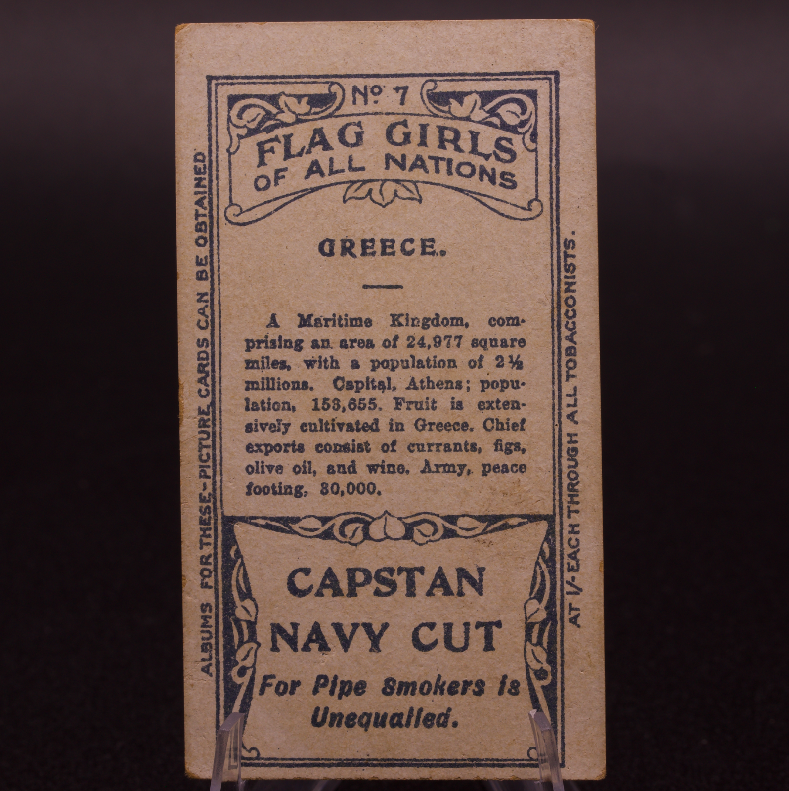 1910 Wills Flag Girls of All Nations Greece No. 7 Capstan Navy Cut Cigarette