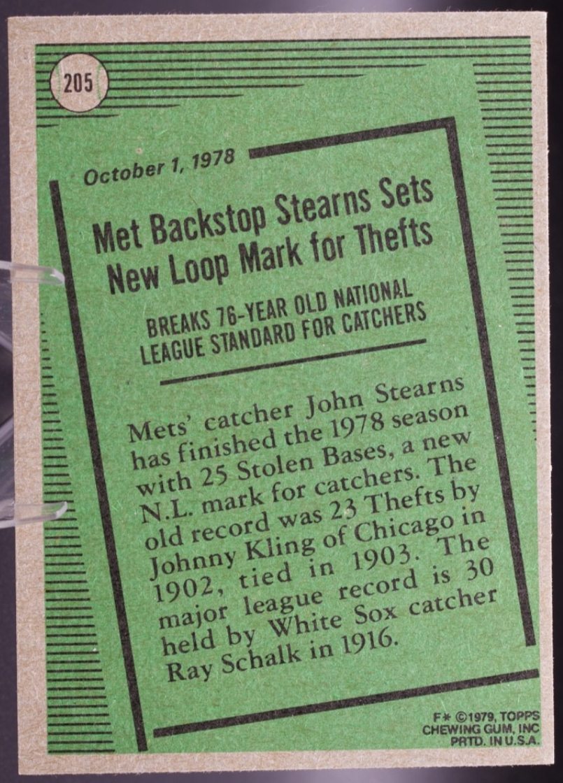 1979 Topps #205 John Stearns Mets Record Breaker 25 SB Catcher Vintage Card