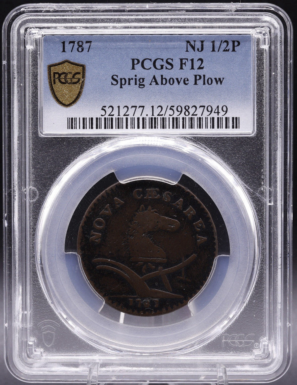 1787 New Jersey Colonial Copper 1/2P Coin Sprig Above Plow Variety PCGS F12