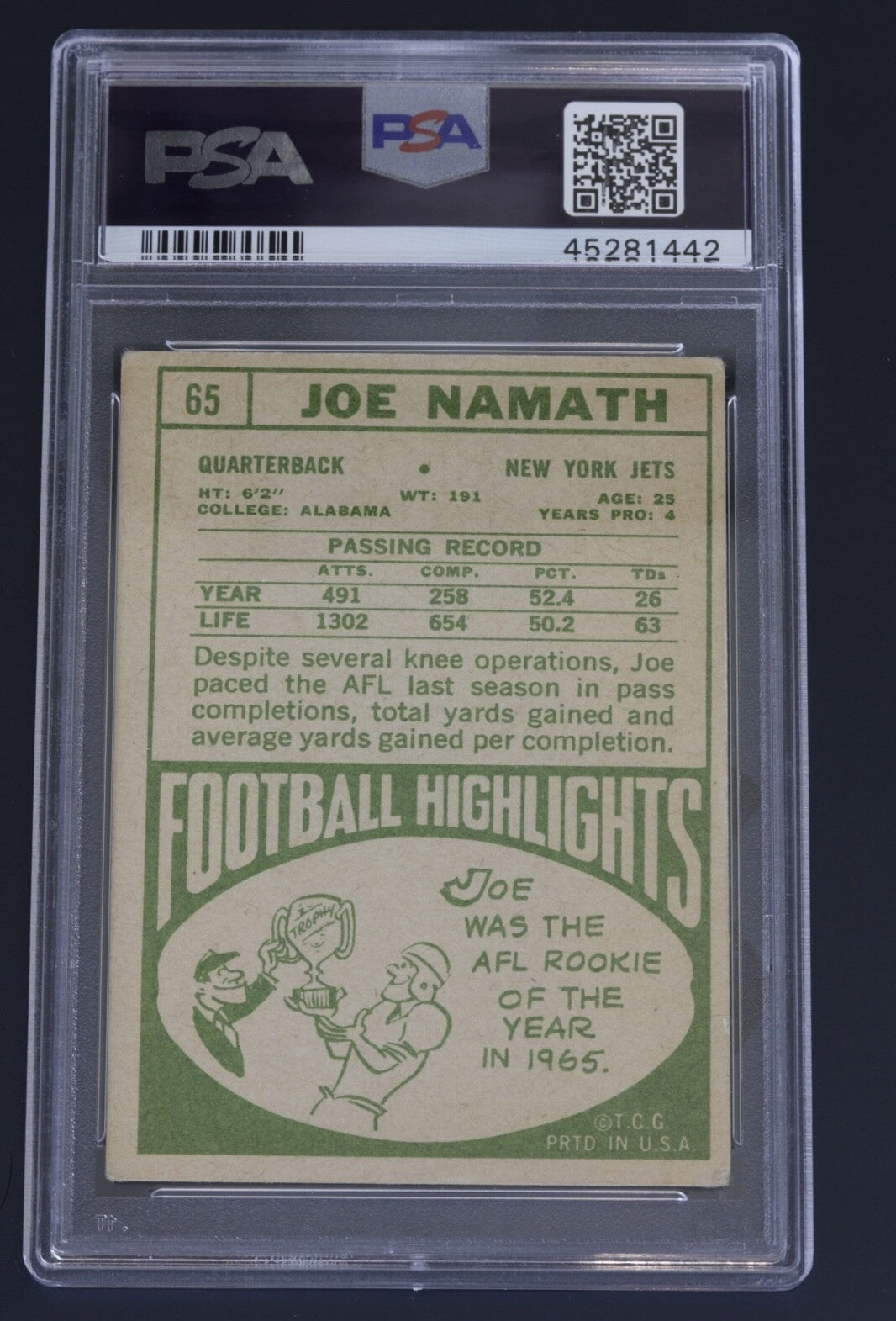 Signed 1968 Topps Joe Namath #65 PSA Authentic PSA/DNA Auto 10 Jets HOF
