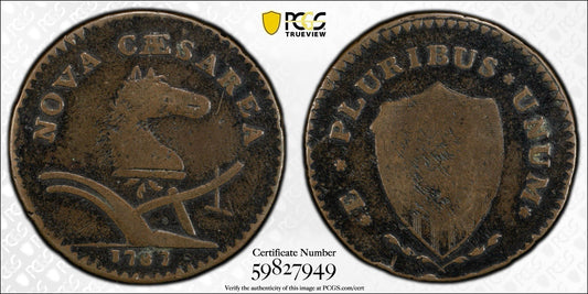 1787 New Jersey Colonial Copper 1/2P Coin Sprig Above Plow Variety PCGS F12