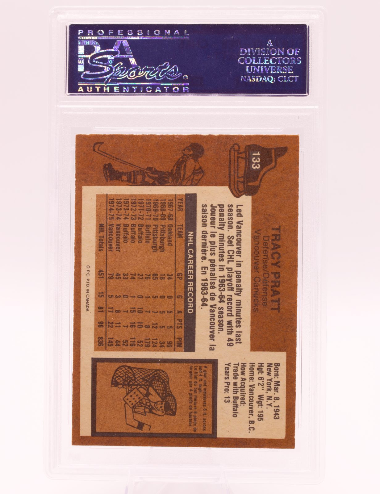 1975 O-Pee-Chee #133 Tracy Pratt PSA 8 NM-MT Vancouver Canucks Hockey Card OPC