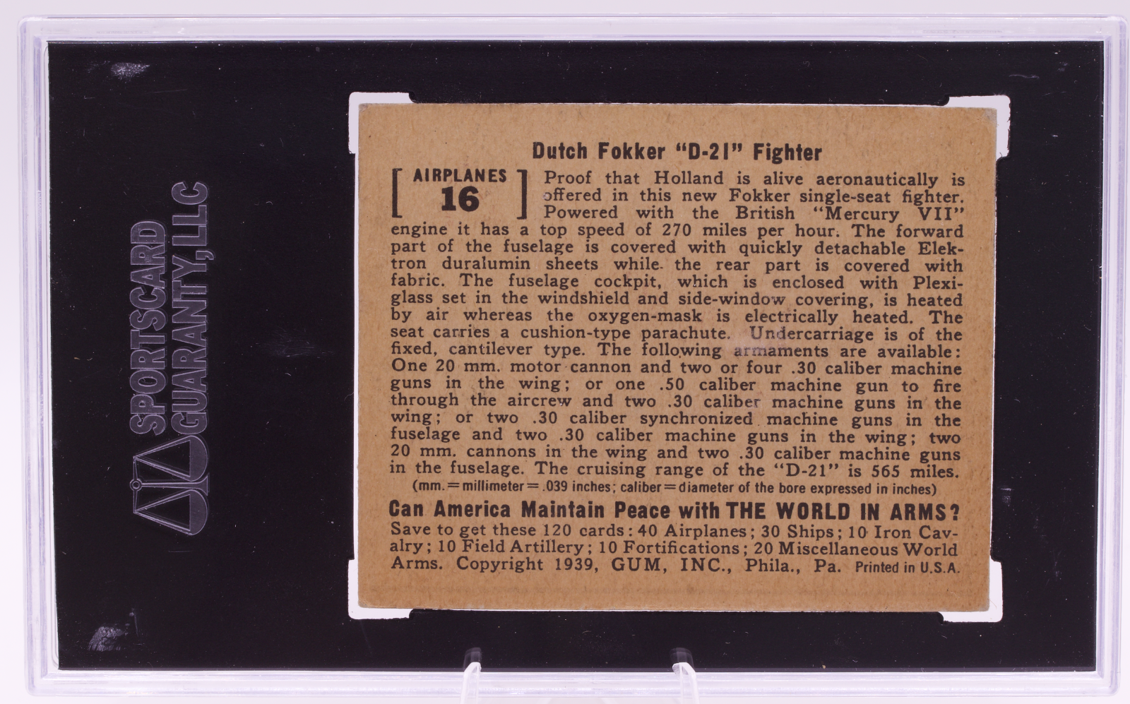 1939 Gum Inc World In Arms #16 Dutch Fokker D-21 Fighter SGC 4.5 VG/EX+ WWII
