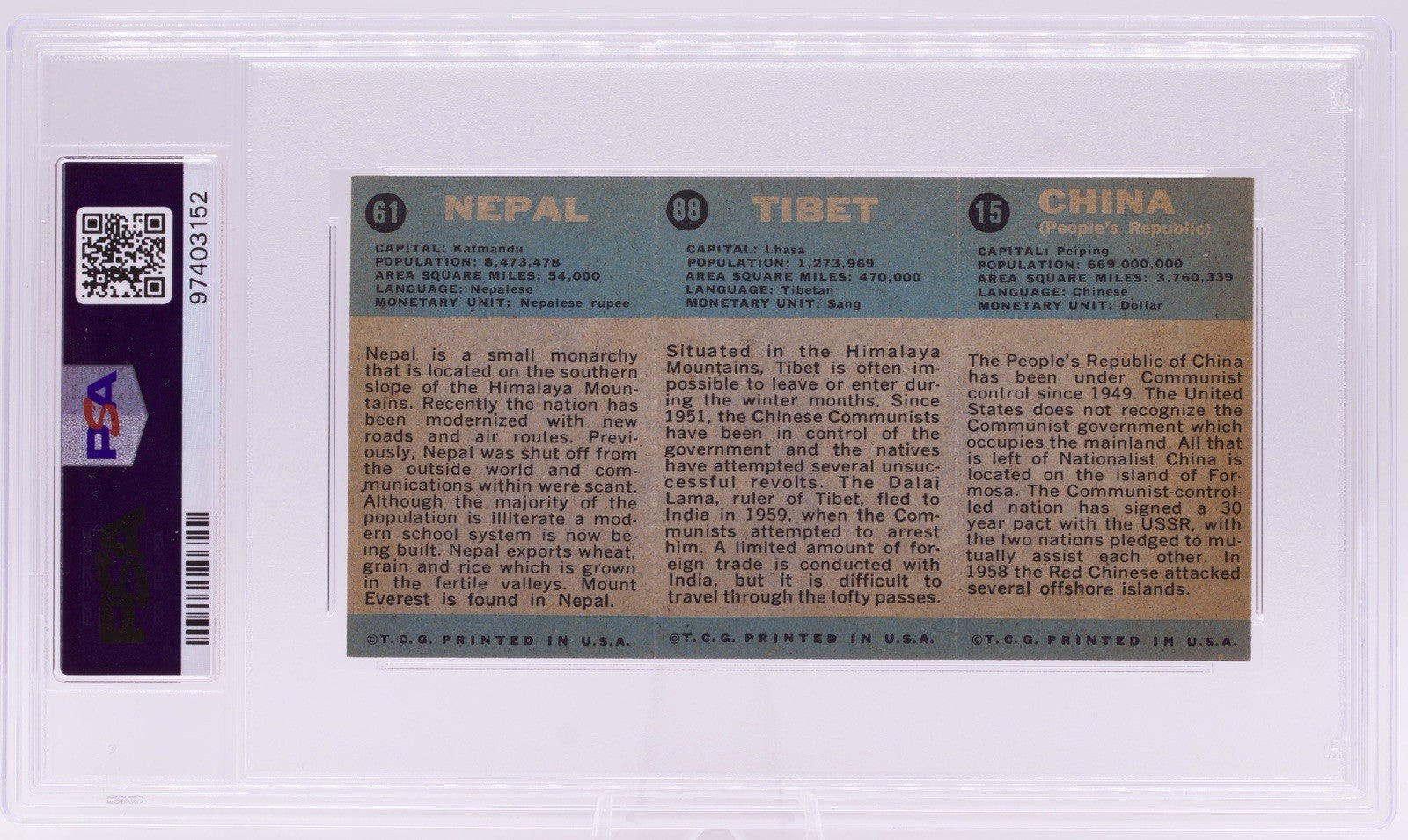 1963 Flag Midgee Cards China Tibet Nepal PSA VG-EX 4 Vintage Uncut Strip