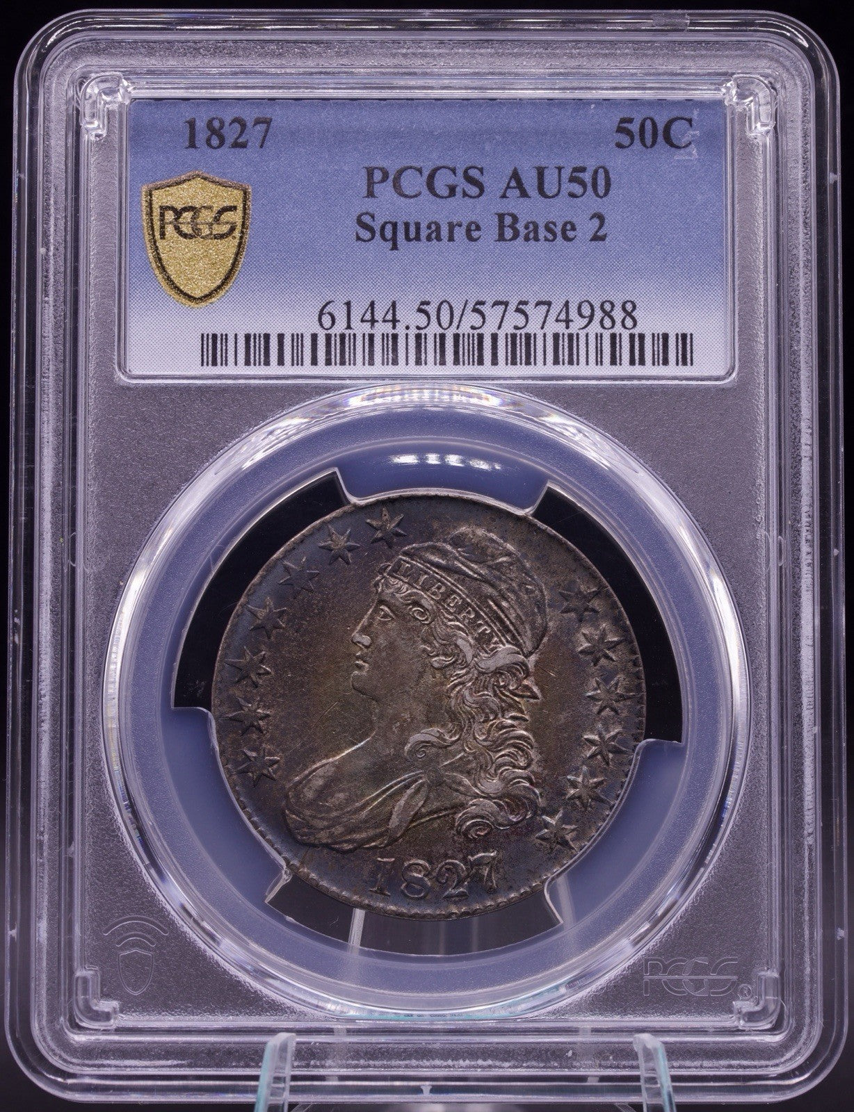 1827 Capped Bust Half Dollar PCGS AU50 Square Base 2 50C Silver - Toner