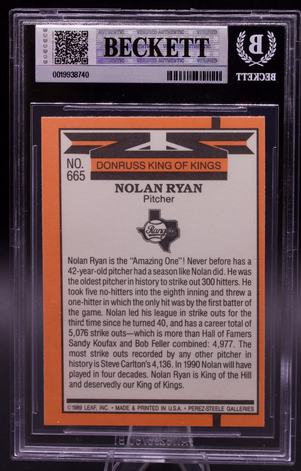 1990 Donruss King of Kings Nolan Ryan #665 New BGS Holder 7.5 NM+ Rangers