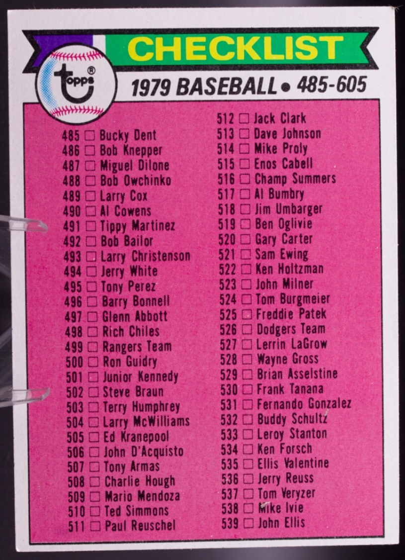 1979 Topps #602 Checklist 485-605 Unmarked Pink Vintage Baseball Card