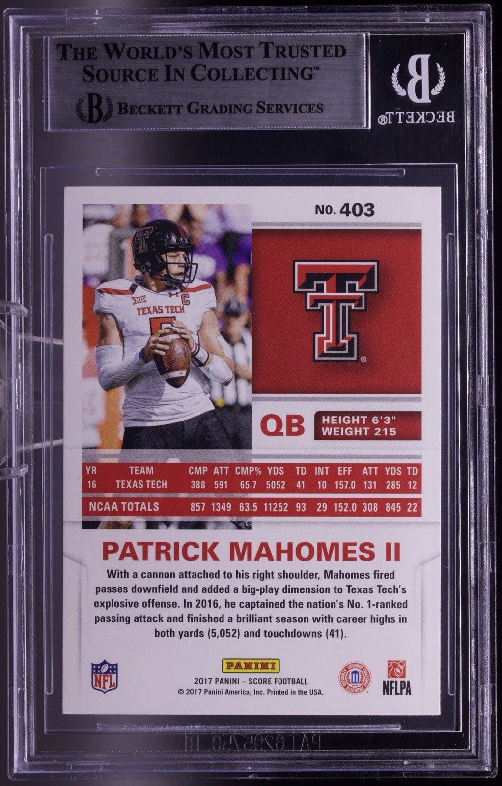 Patrick Mahomes II 2017 Score #403 Rookie RC BGS 8 NM-MT Chiefs Texas Tech QB