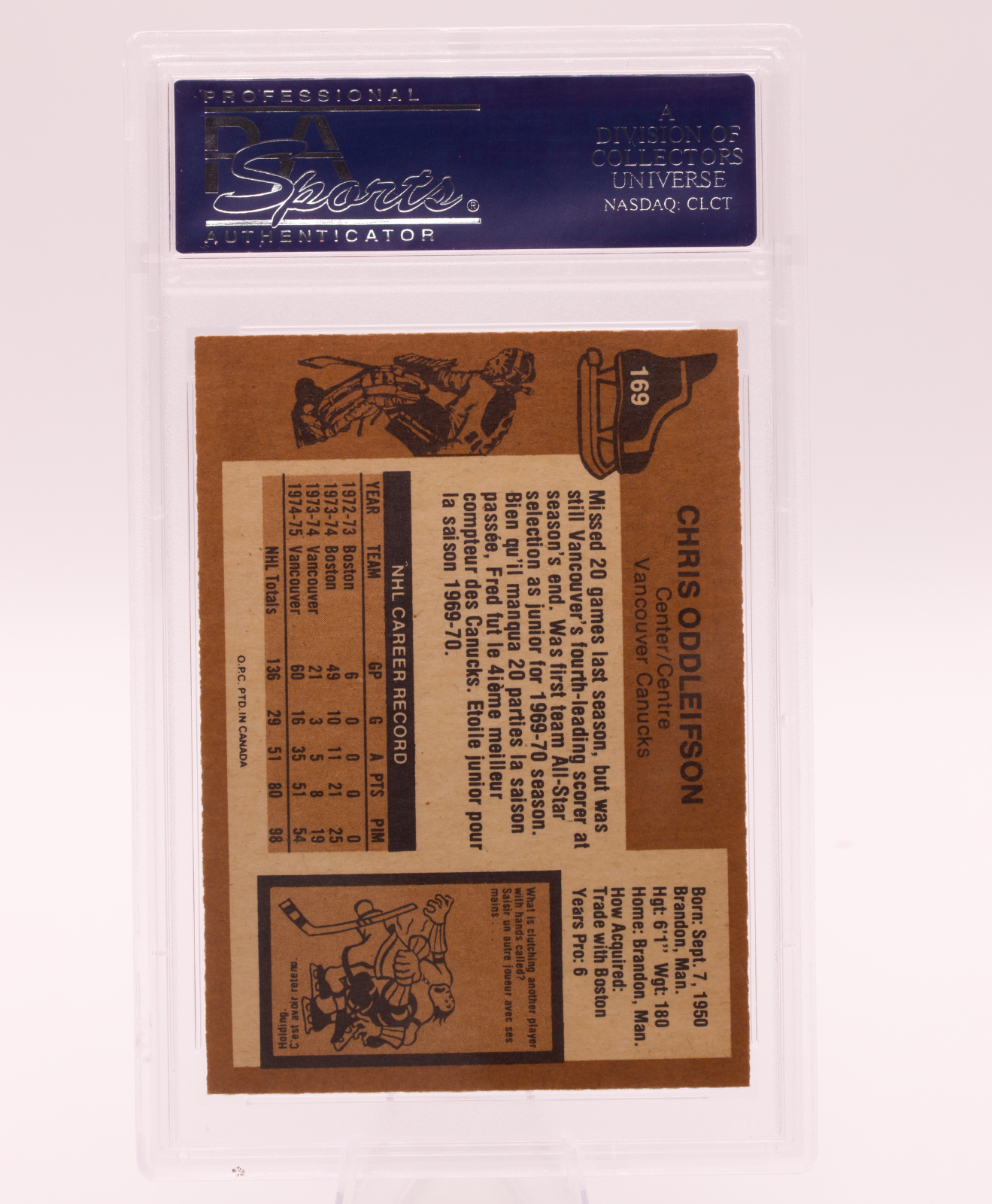 1975 O-Pee-Chee #169 Chris Oddleifson PSA 8 NM-MT Vancouver Canucks Hockey