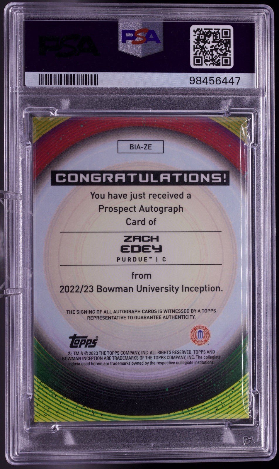 2022 Bowman U Inception Zach Edey Fuchsia Foil Auto RC  /75 #ZE PSA 10 Gem Mint