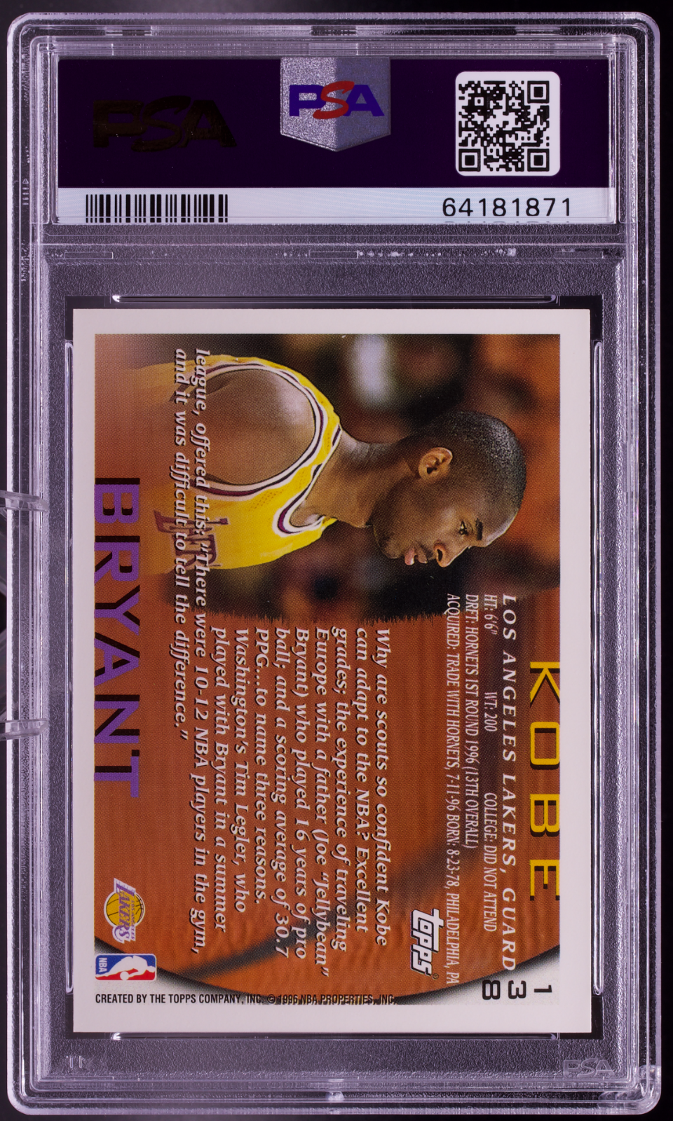 1996 Topps #138 Kobe Bryant Rookie PSA 9 MINT Lakers RC