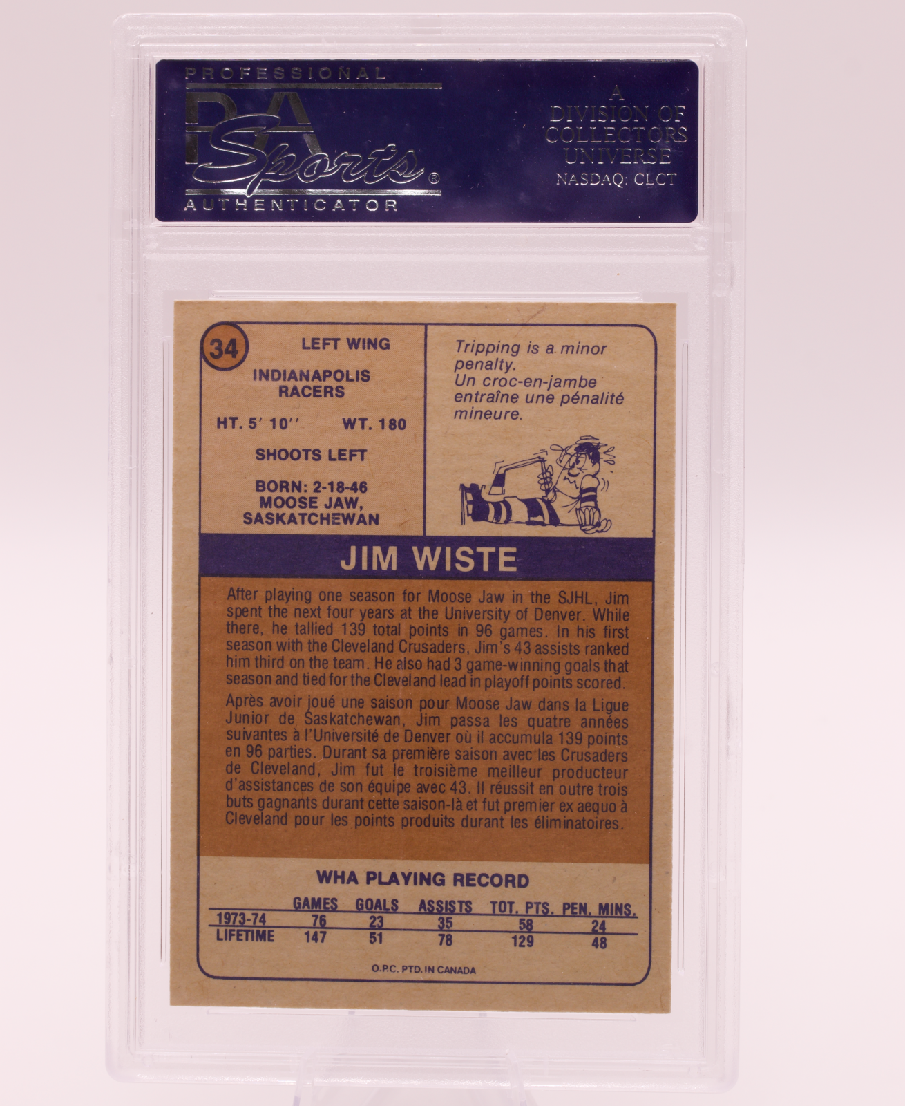 1974 O-Pee-Chee WHA Jim Wiste #34 PSA 8 NM-MT Indianapolis Racers Vintage OPC
