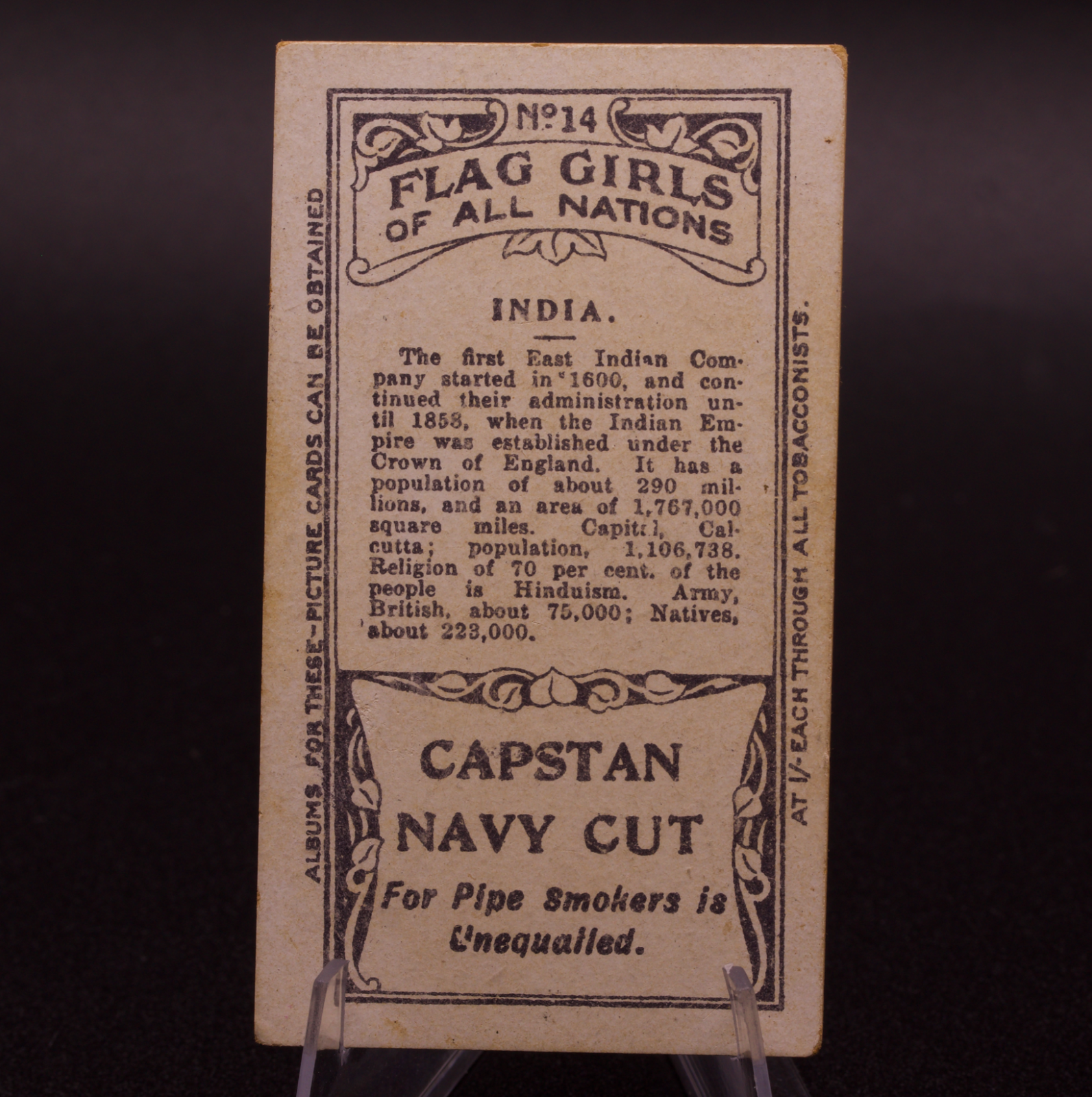 1908 Wills Flag Girls of All Nations India No. 14 Capstan Navy Cut Cigarette
