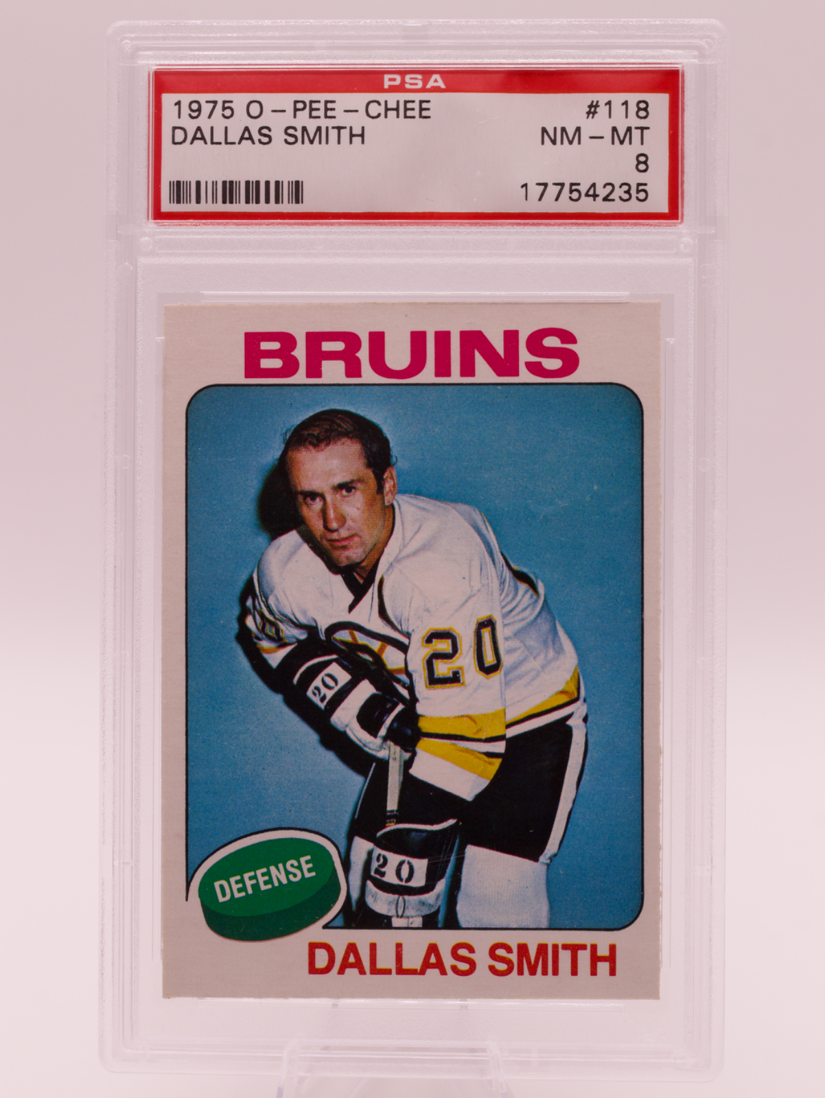 1975 O-Pee-Chee #118 Dallas Smith PSA 8 NM-MT Boston Bruins OPC Hockey Card