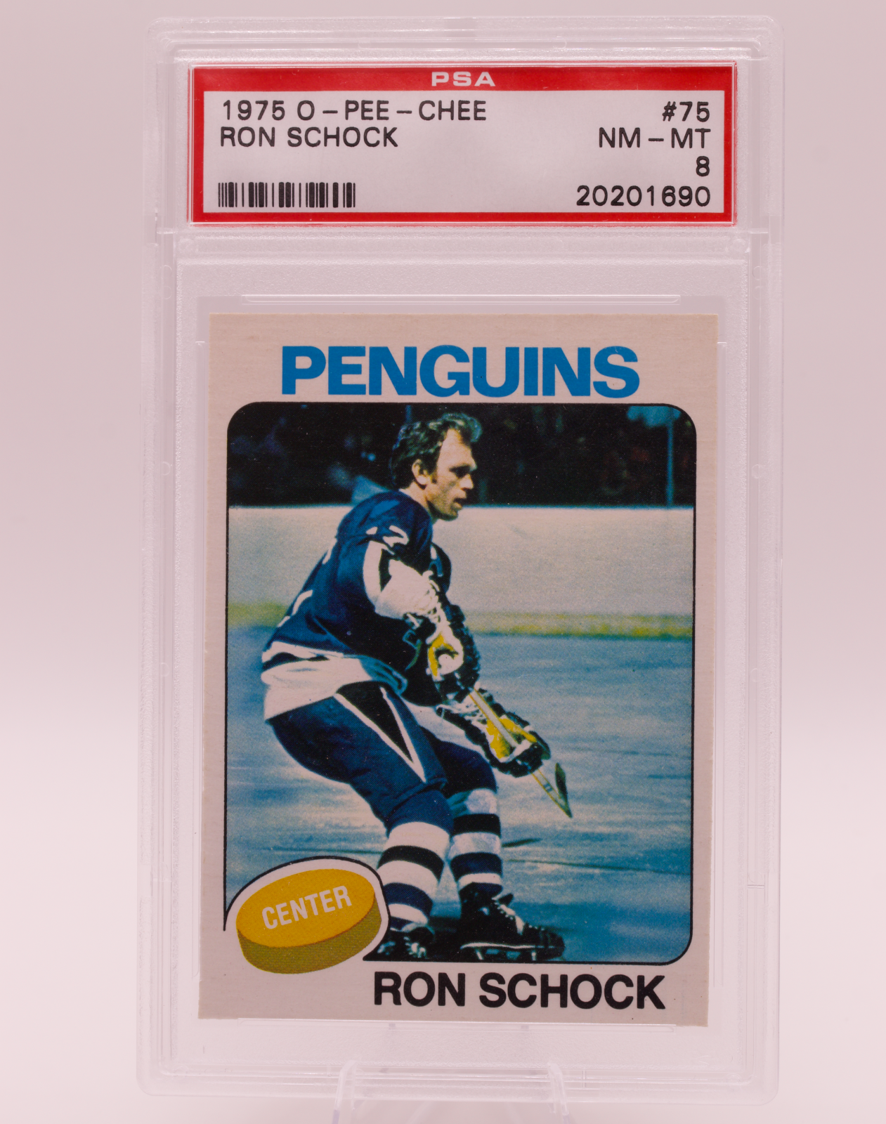 1975 O-Pee-Chee #75 Ron Schock PSA 8 NM-MT Pittsburgh Penguins Hockey Card OPC