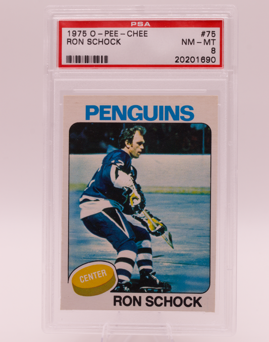 1975 O-Pee-Chee #75 Ron Schock PSA 8 NM-MT Pittsburgh Penguins Hockey Card OPC
