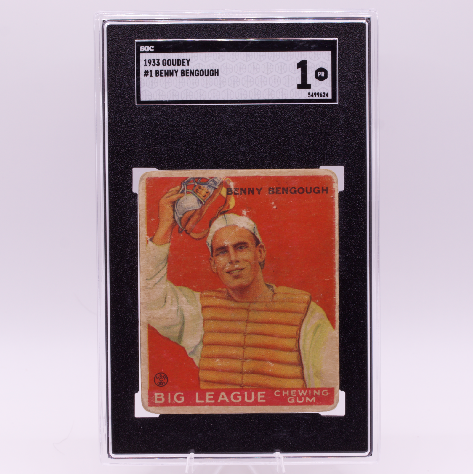 1933 Goudey #1 Benny Bengough SGC 1 PR St. Louis Browns Key Card
