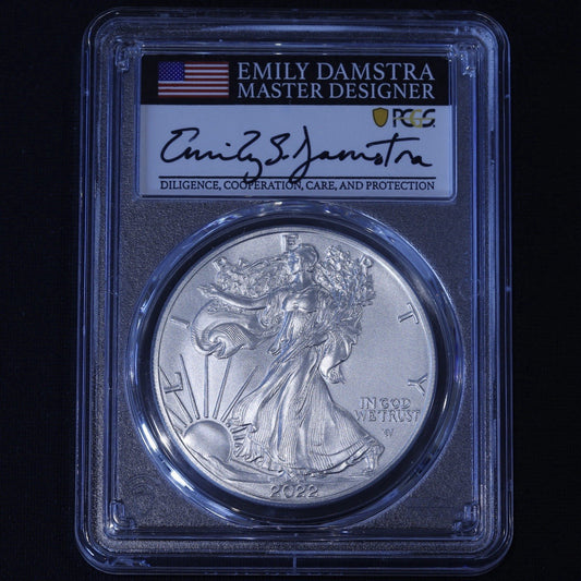 2022-W Burnished Silver Eagle PCGS SP70 • Advanced Release • Damstra Signed