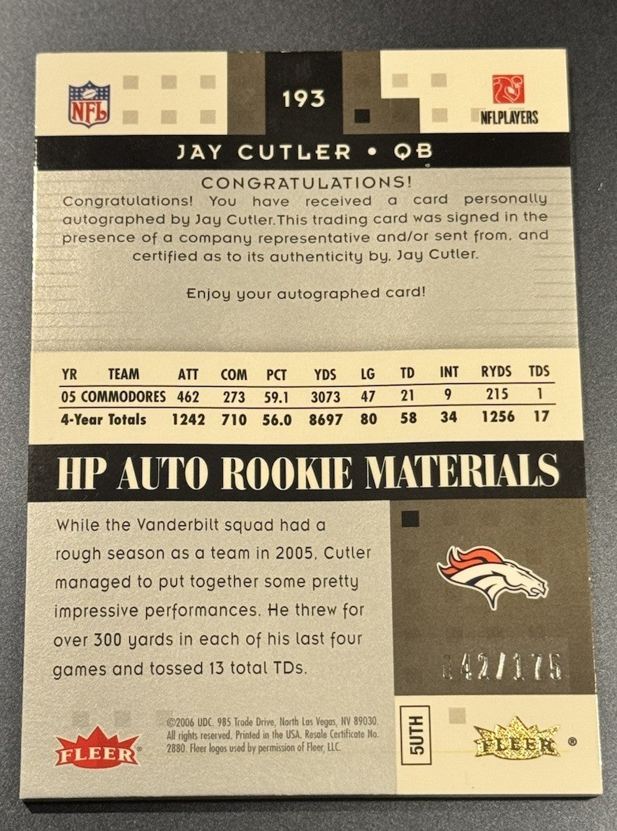 2006 Fleer Hot Prospects /175 Jay Cutler #193 Rookie Autograph Rookie Jersey