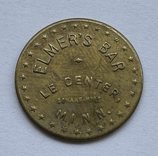 Elmer’s Bar 5¢ Trade Token Le Center MN – Vintage Brass Token EF+