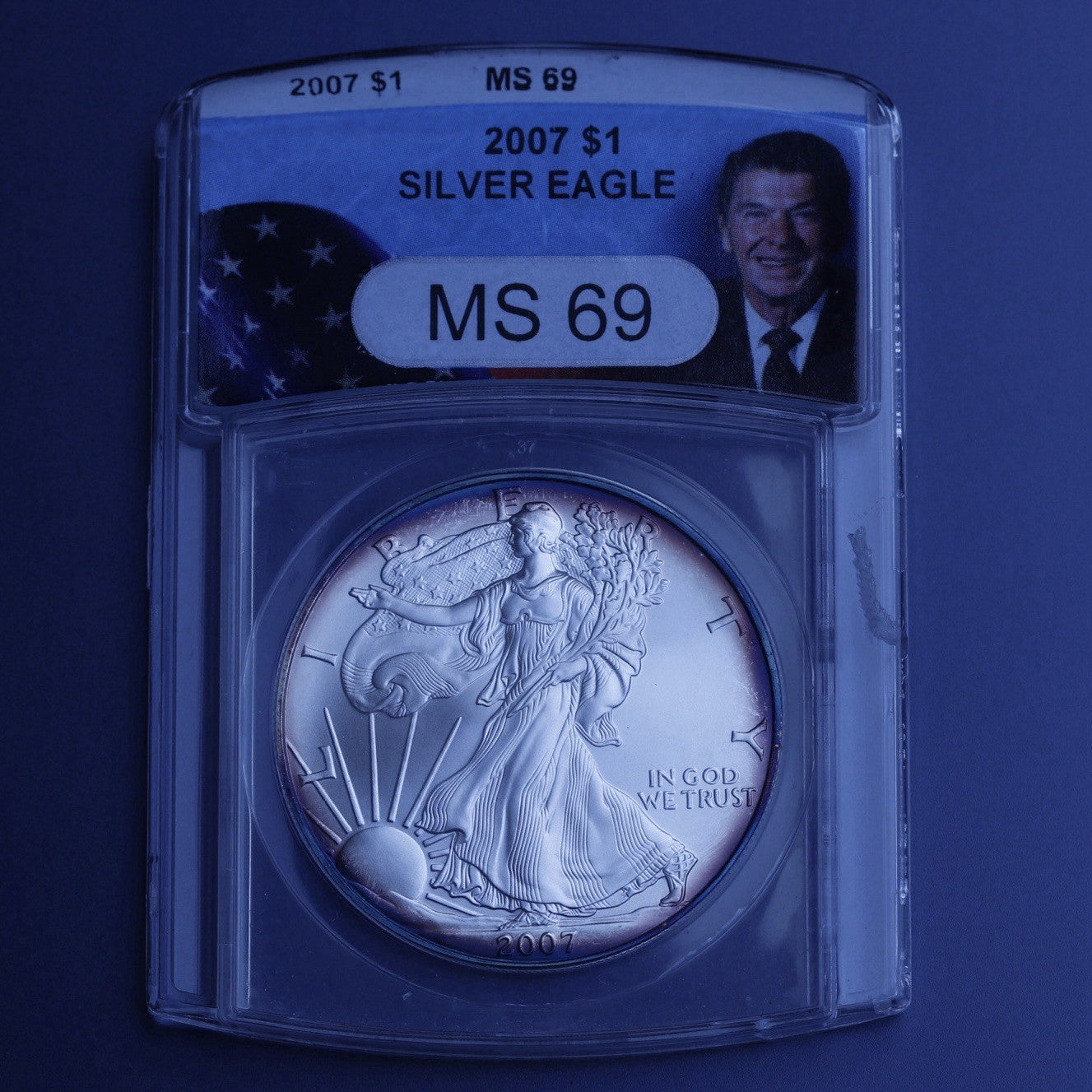 2007 Silver Eagle $1 ANACS MS69 • Reagan Label • Peripheral Toning • 1 oz Silver