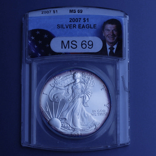 2007 Silver Eagle $1 ANACS MS69 • Reagan Label • Peripheral Toning • 1 oz Silver