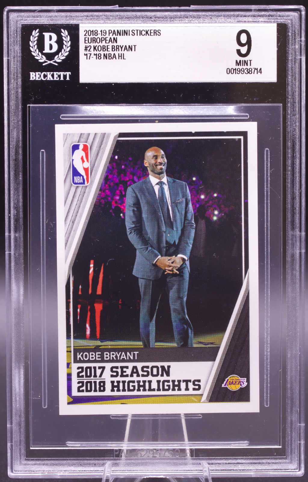 2018-19 Panini European Sticker Kobe Bryant #2 New BGS Holder 9 Mint Lakers
