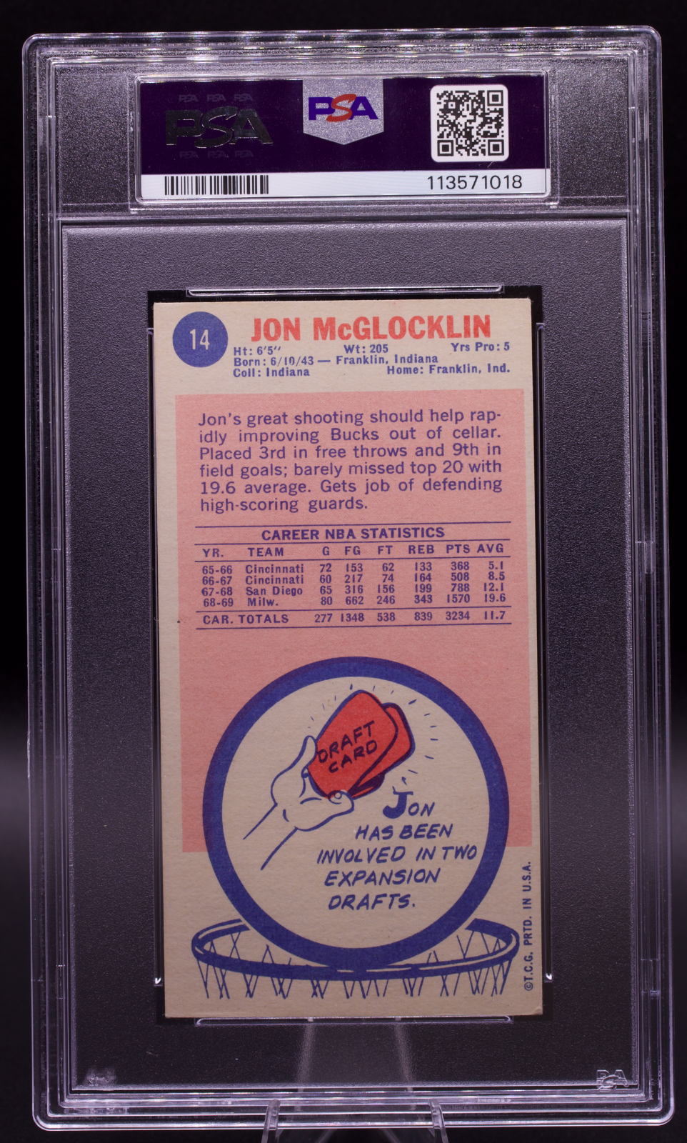Signed 1969 Topps Jon McGlocklin #14 PSA 4 AUTO 10 Milwaukee Bucks
