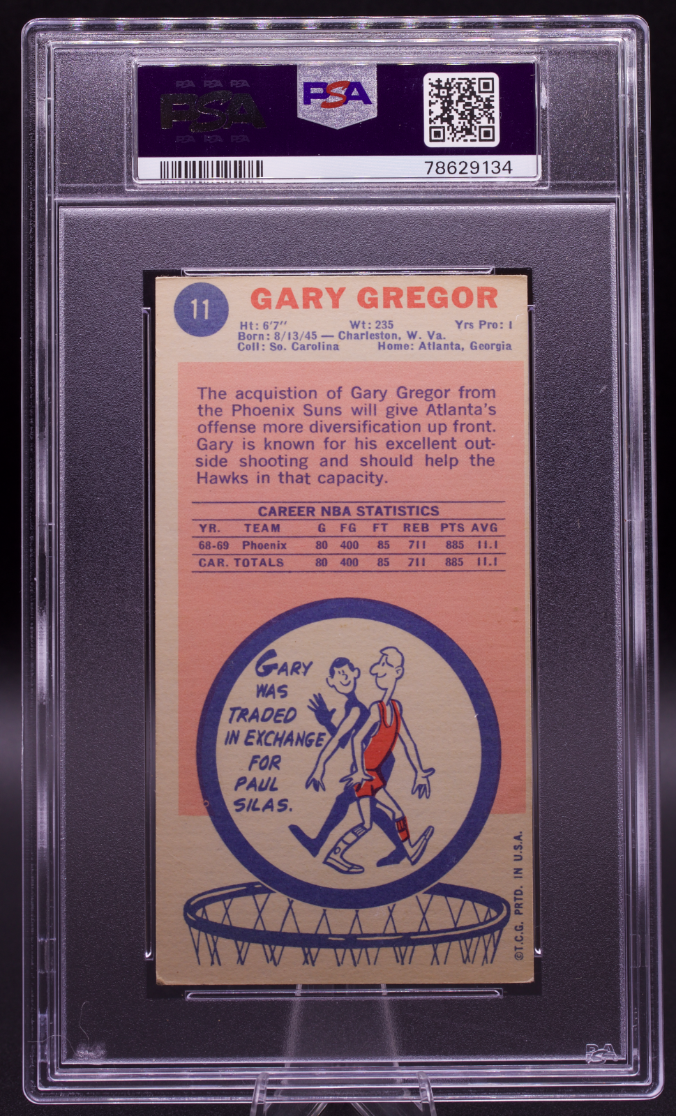 1969 Topps Gary Gregor #11 PSA Authentic AUTO 10 Atlanta Hawks Tallboy RC
