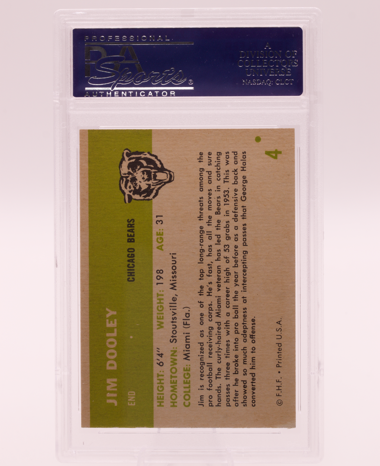 1961 Fleer #4 Jim Dooley PSA 8 NM-MT Chicago Bears End Miami Hurricanes Card