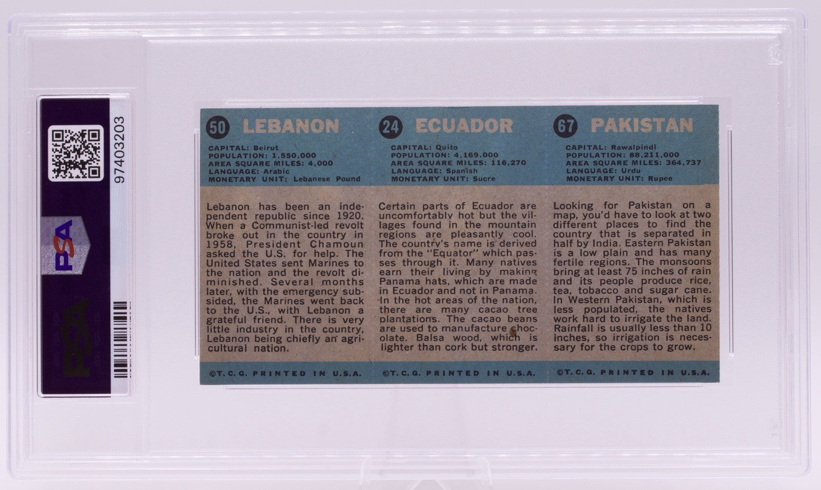 1963 Flag Midgee Cards Pakistan Ecuador Lebanon PSA EX 5 Vintage Uncut Strip