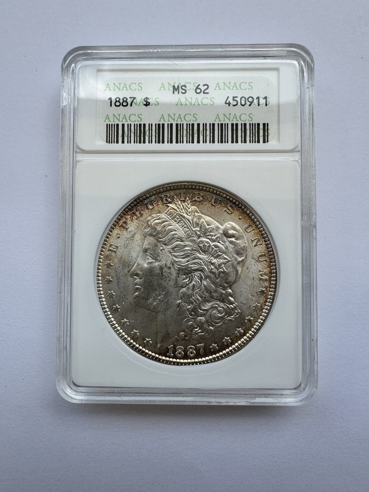 1887 Morgan Silver Dollar – ANACS MS62 – High-Grade 90% Silver - Soapbox Holder