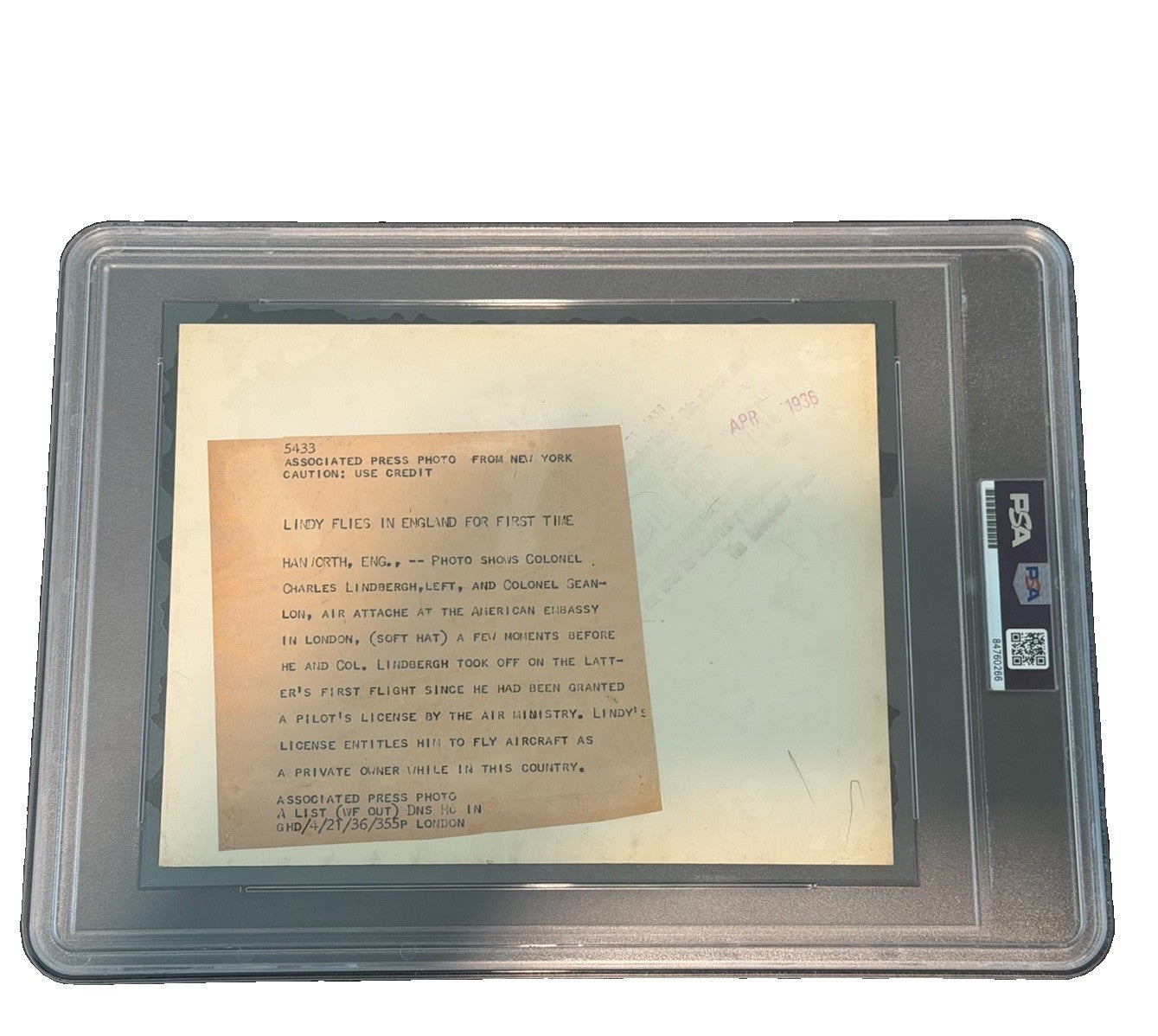 1936 Charles Lindbergh Original AP Press Photo PSA Type 1 First Flight England