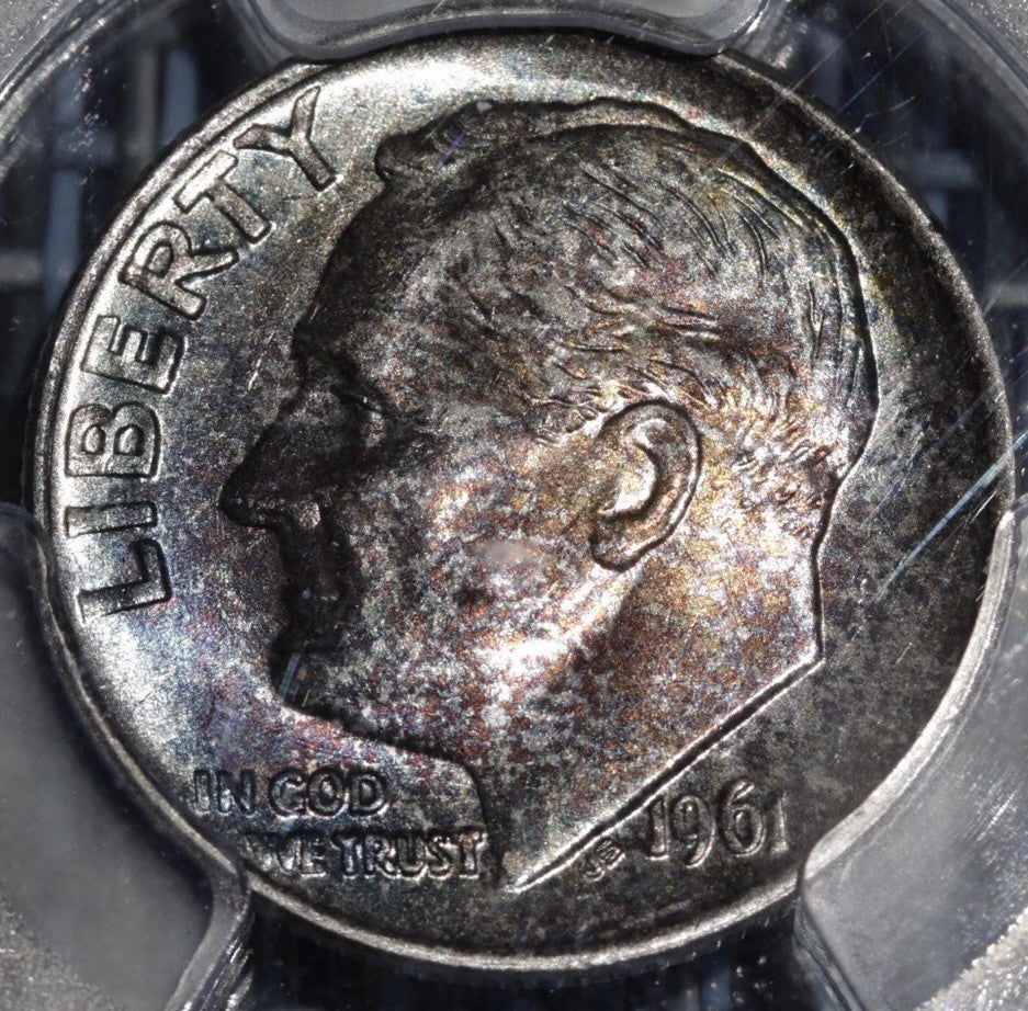 1961 Roosevelt Dime PCGS MS66 • Vivid Rainbow Toning • Premium Eye Appeal