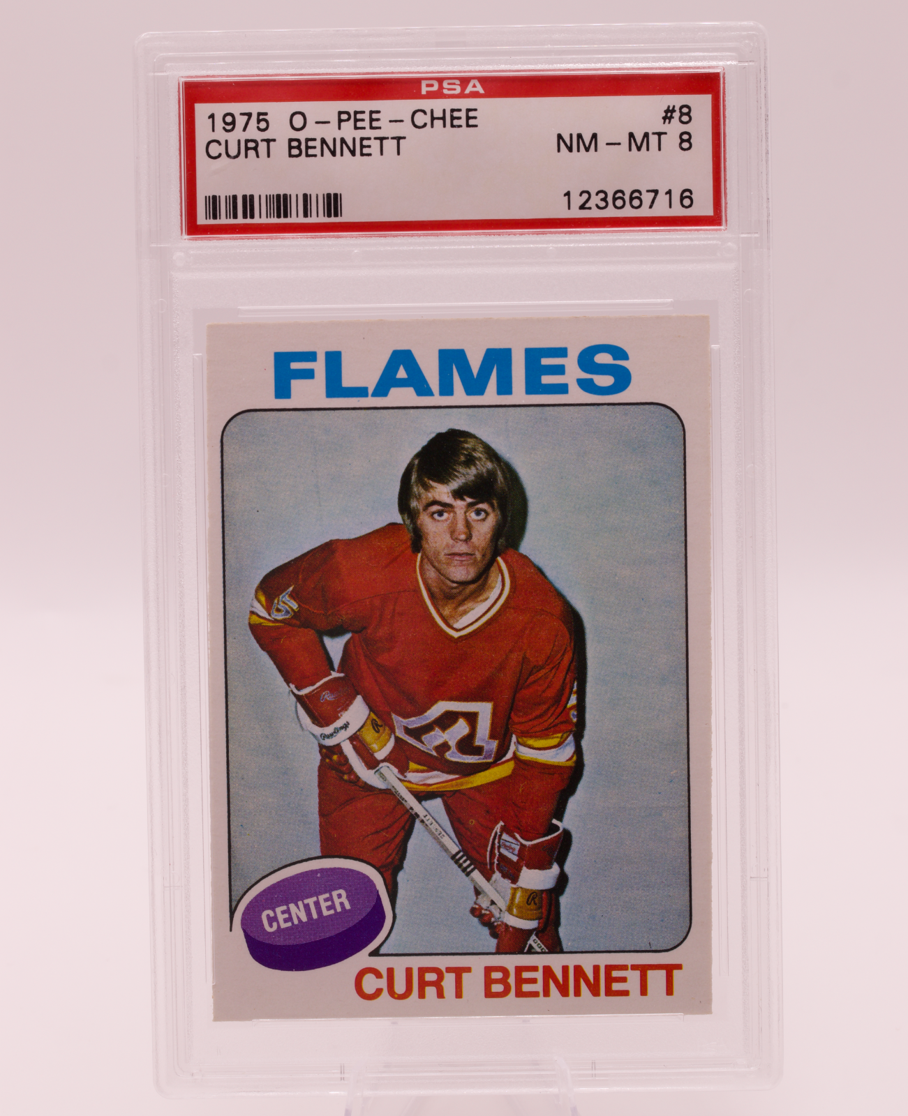 1975 O-Pee-Chee #8 Curt Bennett PSA 8 NM-MT Atlanta Flames Center Hockey Card
