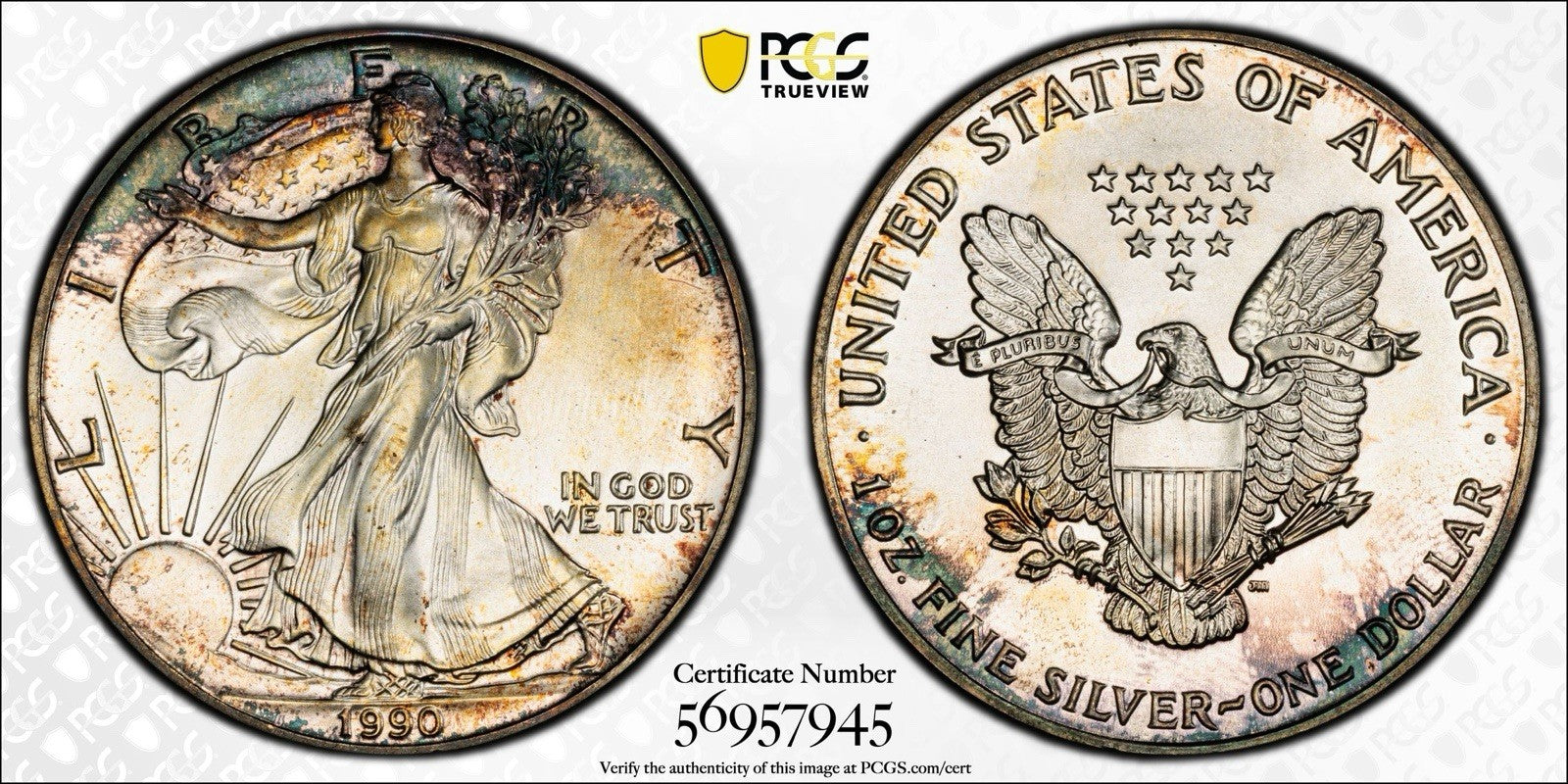1990 Silver Eagle $1 PCGS MS67 • Nice Toning • Early Date • Crusty Toned Bullion