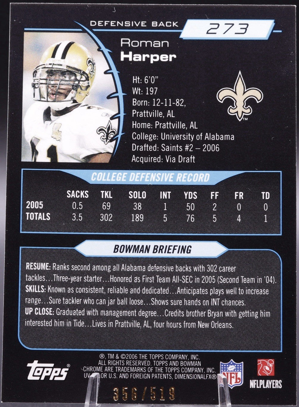 2006 Bowman Chrome Roman Harper ROOKIE REFRACTOR /519 Saints • Alabama Star DB