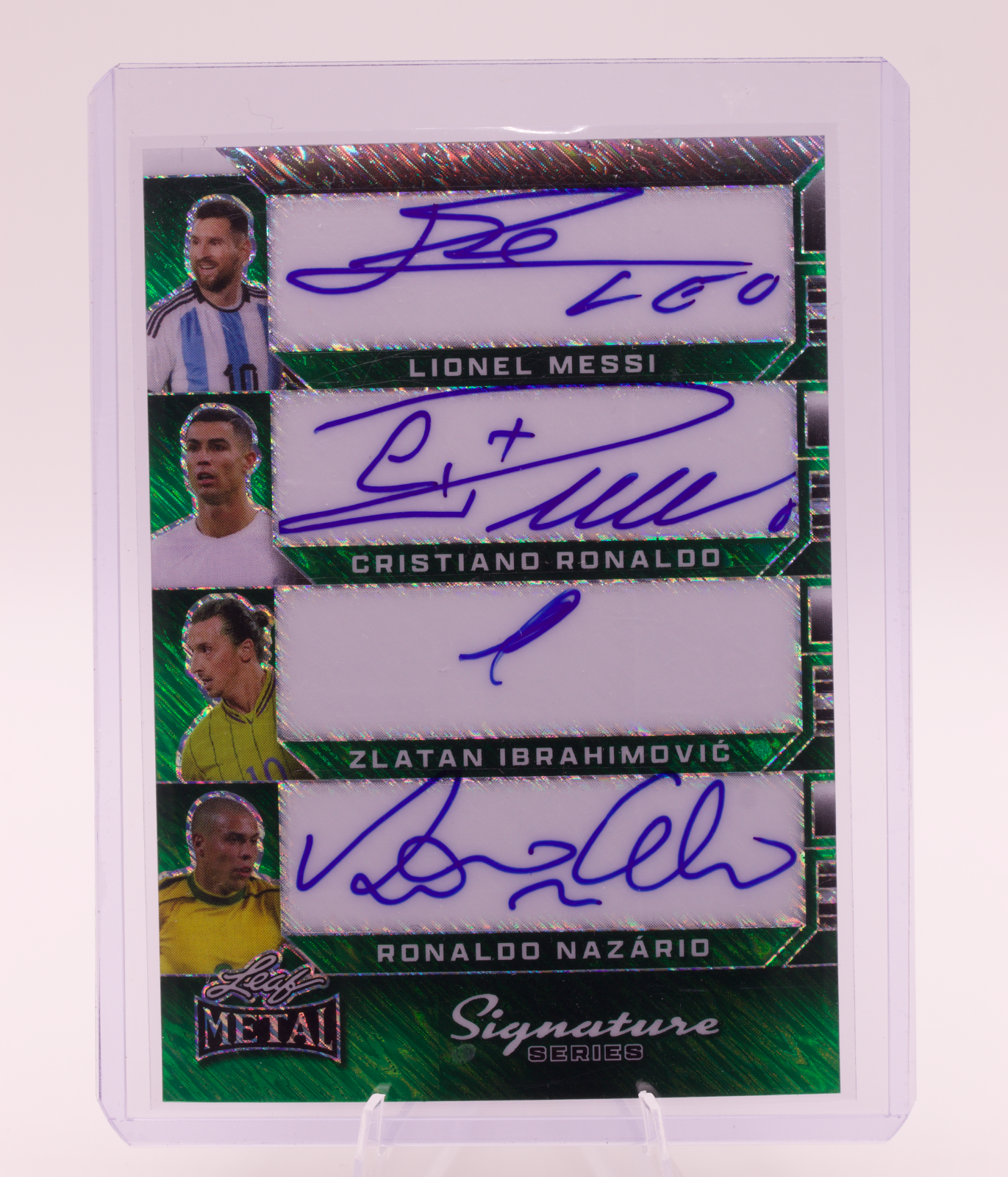 Messi Cristiano Ronaldo Zlatan Nazario 2024 Leaf Metal Quad Auto 1/1 Proof