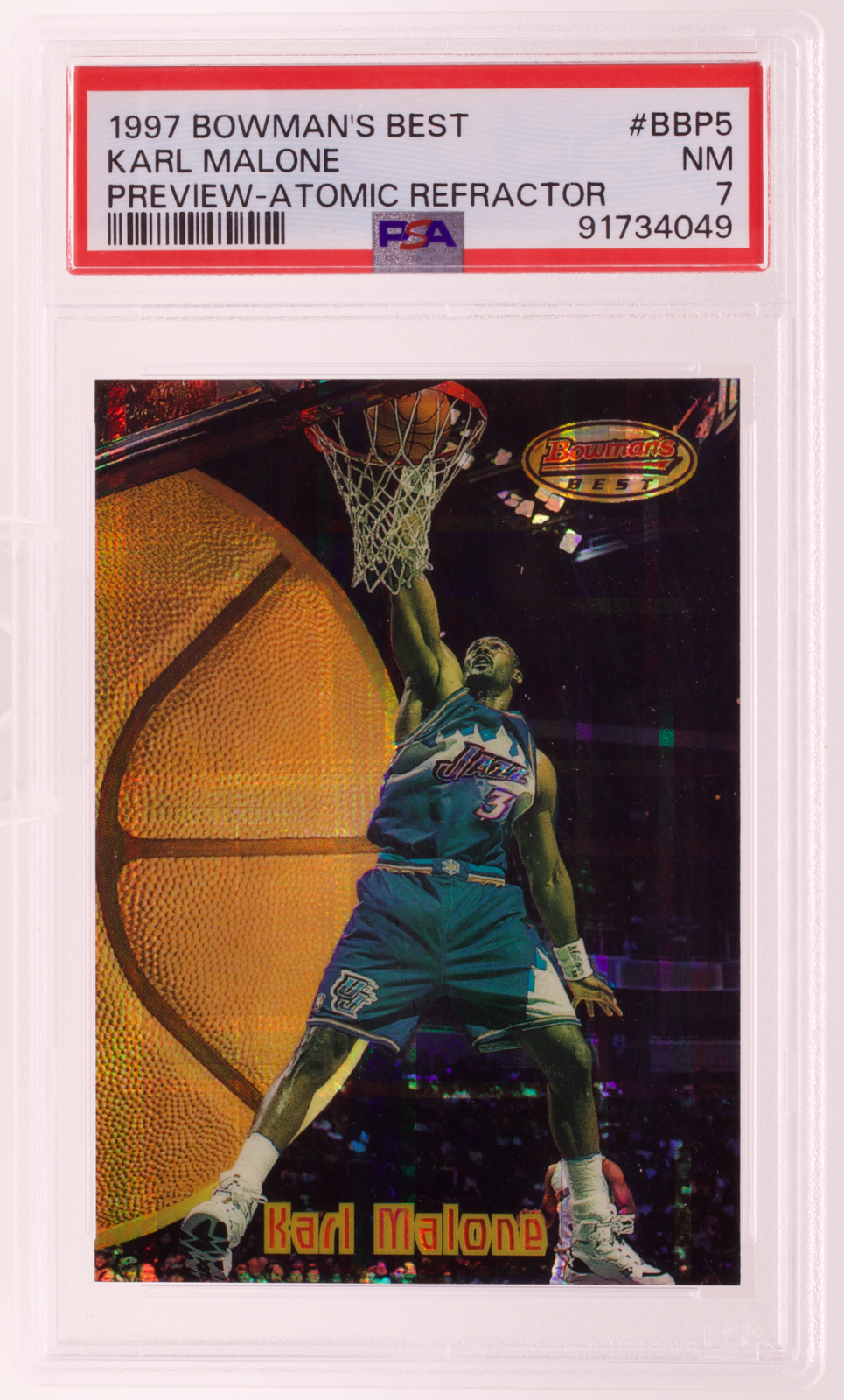 1997 Bowman's Best Karl Malone Preview Atomic Refractor #BBP5 PSA 7 NM Jazz HOF