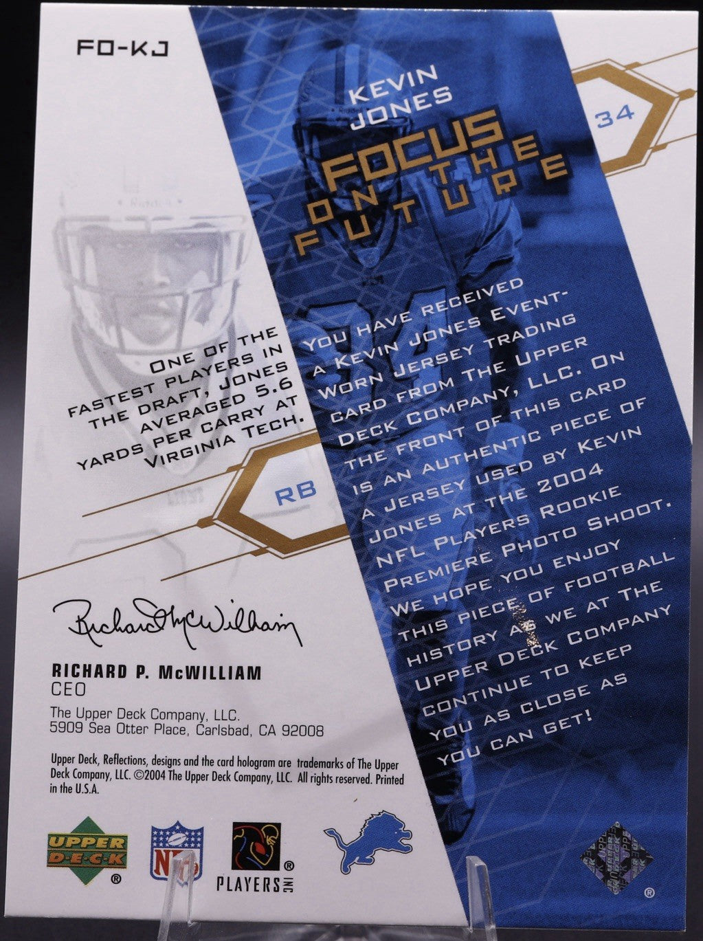 2004 Reflections Kevin Jones Jersey Relic • Detroit Lions ROOKIE • Upper Deck
