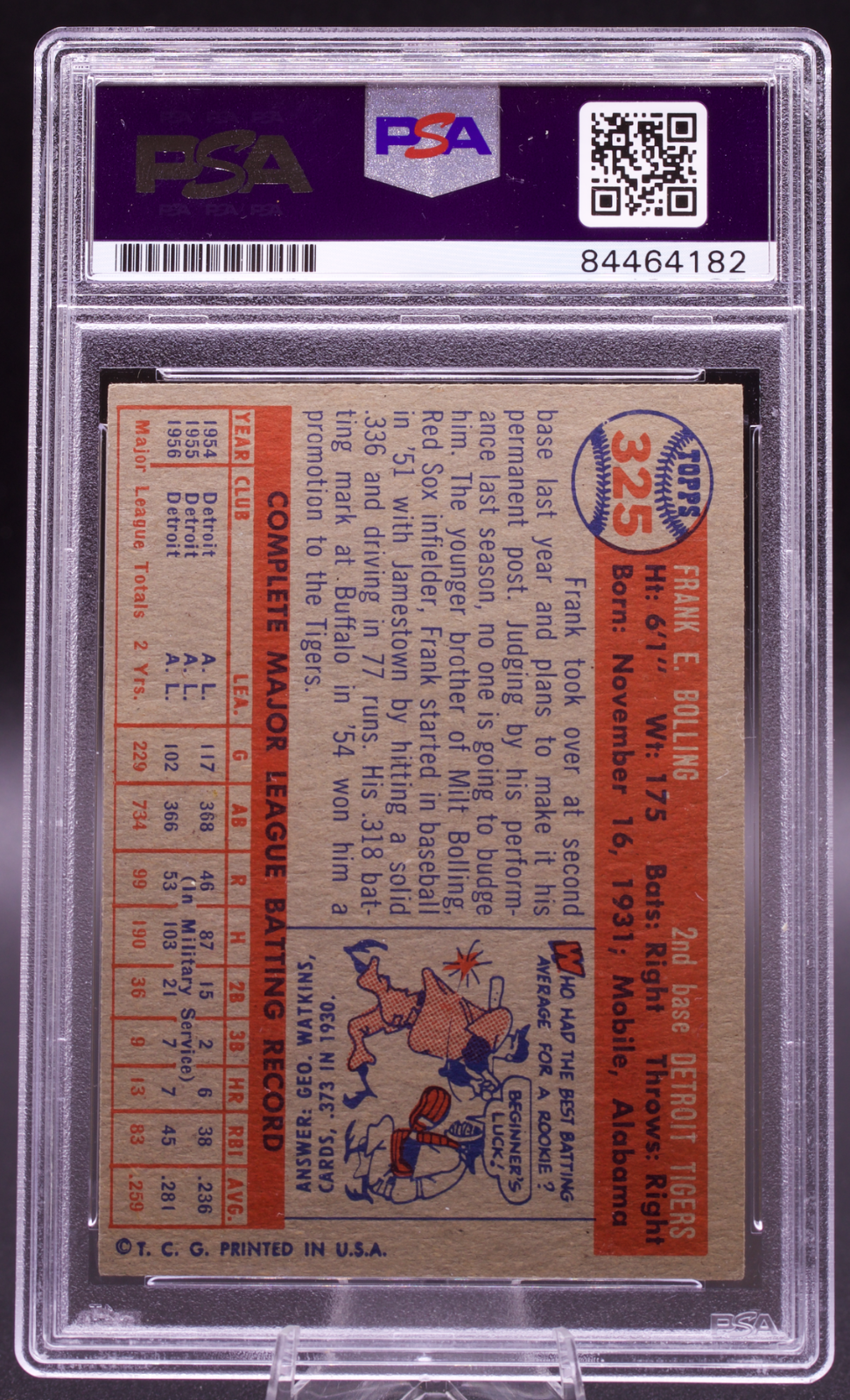 1957 Topps Frank Bolling #325 PSA Authentic Auto Signed Detroit Tigers Vintage