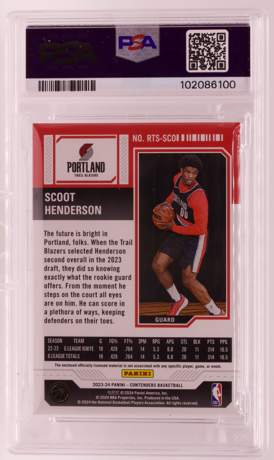 2023-24 Panini Contenders Scoot Henderson Rookie Ticket Swatch RC PSA 9 Blazers