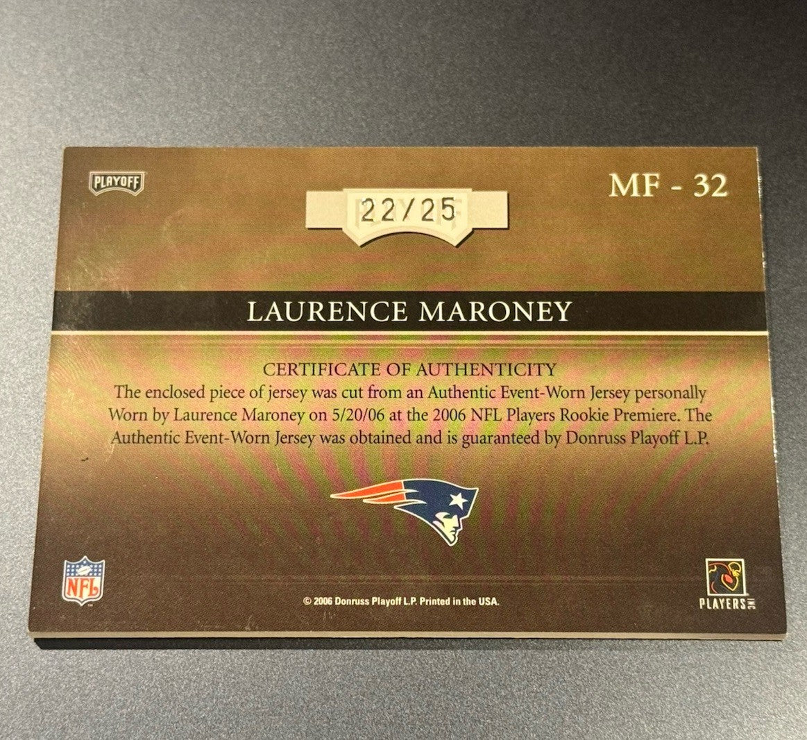 2006 Donruss Laurence Maroney Auto Jersey Patch RC #22/25 • Patriots Event-Worn