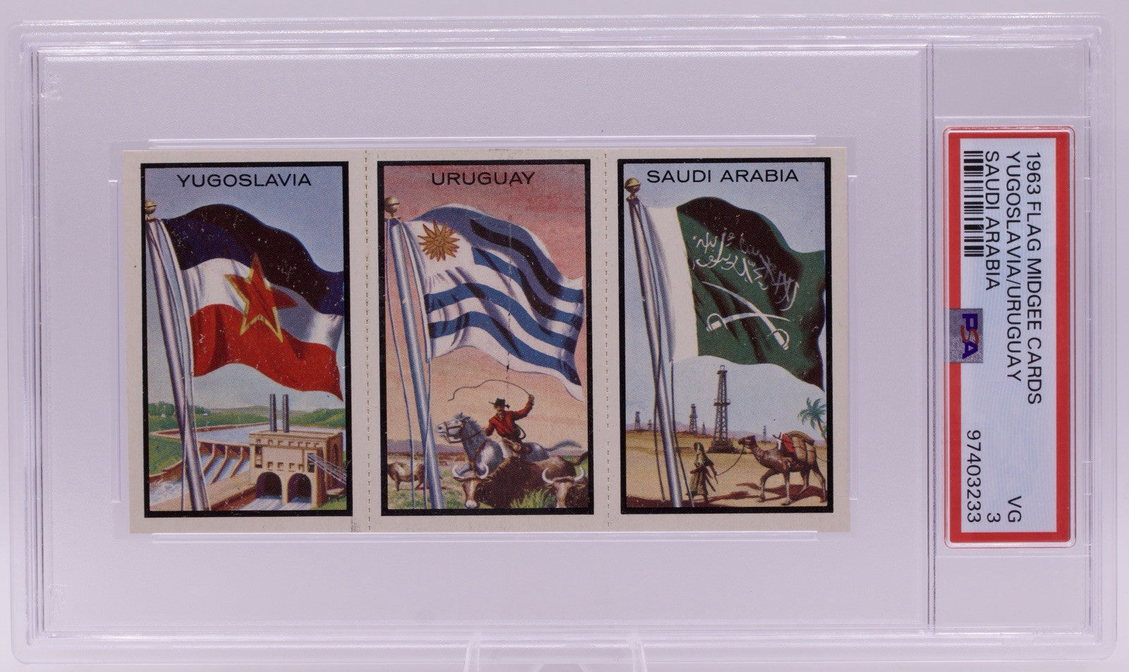 1963 Flag Midgee Cards Yugoslavia Uruguay Saudi Arabia PSA VG 3 Uncut Strip