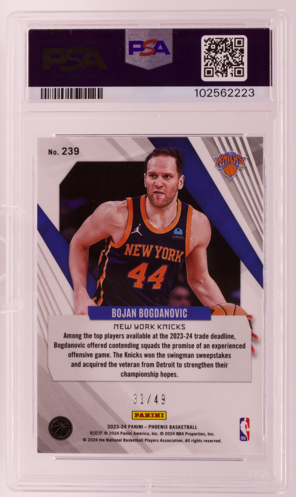 2023-24 Panini Phoenix Bojan Bogdanovic #239 Bronze Lazer /49 PSA 10 Knicks