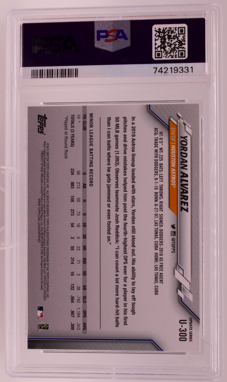 2020 Topps Update Yordan Alvarez SP Photo Variation RC #U-300 PSA 8 NM-MT Astros