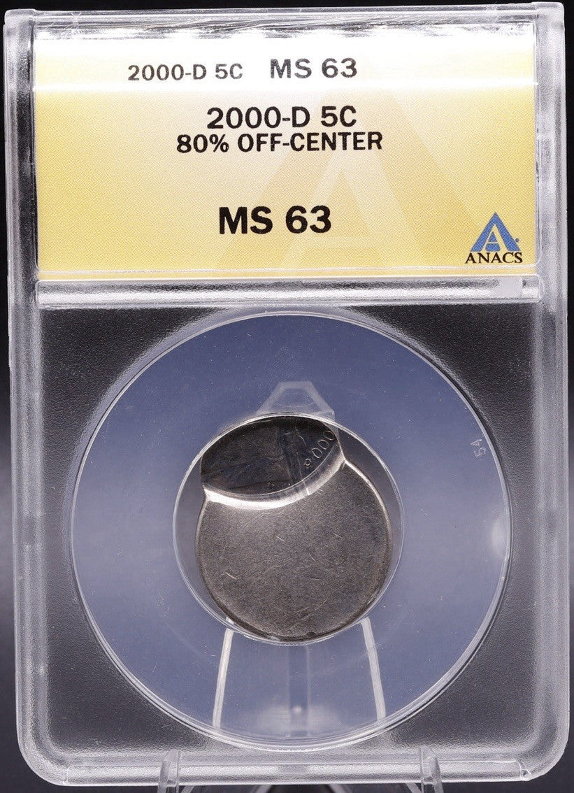 2000-D Jefferson Nickel • 80% Off-Center Strike • ANACS MS63 Mint Error