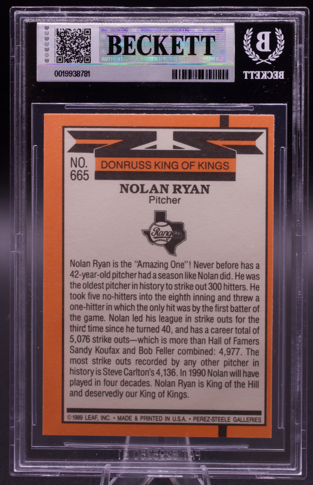 1990 Donruss King of Kings Nolan Ryan #665 New BGS Holder 7.5 NM+ Rangers