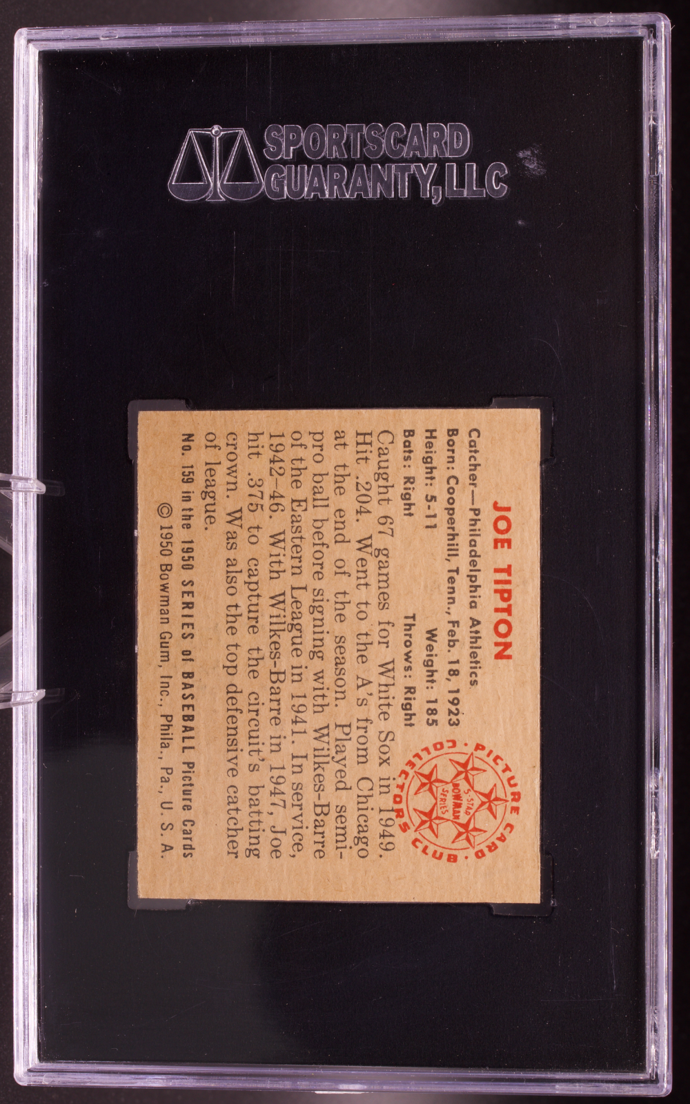 1950 Bowman #159 Joe Tipton SGC 84 NM 7 Philadelphia Athletics Vintage Baseball