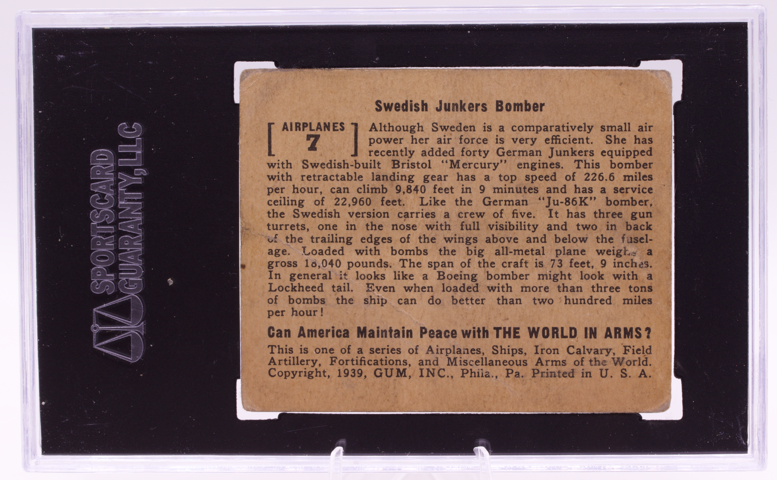 1939 Gum Inc World In Arms #7 Swedish Junkers Bomber SGC 2 Good Pre-War WWII